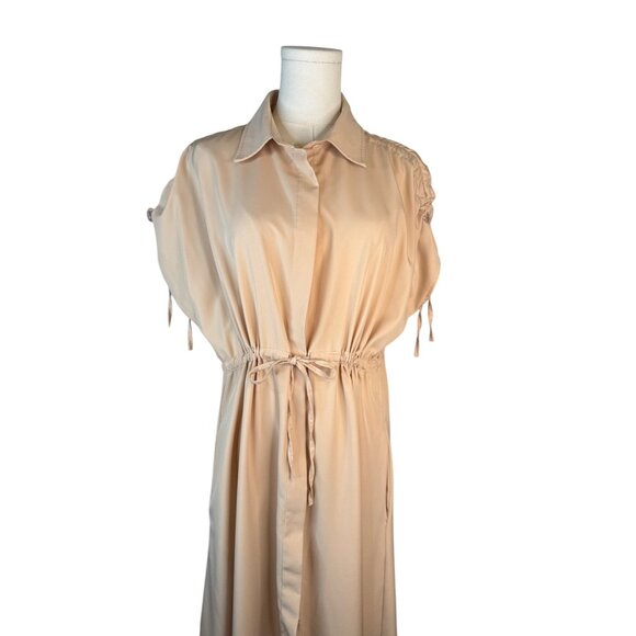 Deli.S Beige Size 8 Button-Down Midi Dress Drawstring Waist & Tie Sleeves - Picture 6 of 16